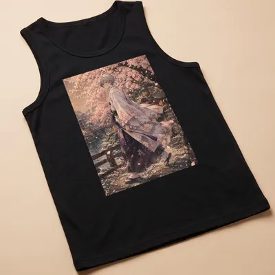 Anime illustration of Kaworu Nagisa walking in a sakura landscape wearing a kimono — printed on a tank top