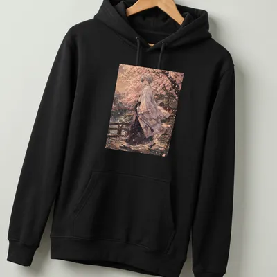 Anime illustration of Kaworu Nagisa walking in a sakura landscape wearing a kimono — printed on a unisex hoodie