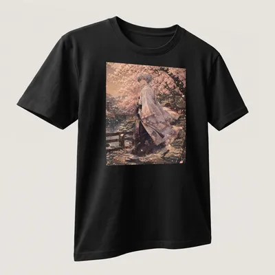 Anime illustration of Kaworu Nagisa walking in a sakura landscape wearing a kimono — printed on a unisex t-shirt (angled view)