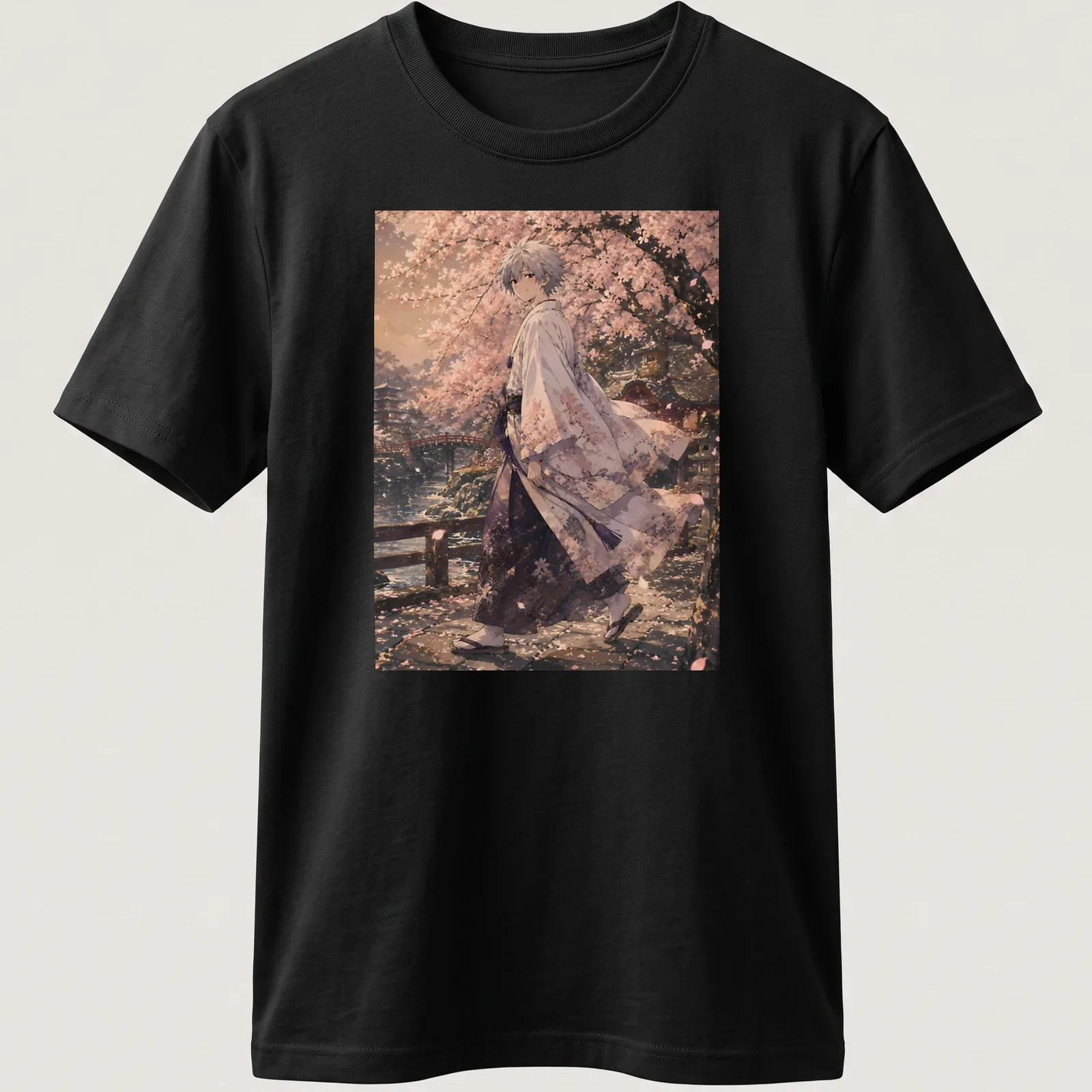 Anime illustration of Kaworu Nagisa walking in a sakura landscape wearing a kimono — printed on a unisex t-shirt