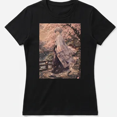 Anime illustration of Kaworu Nagisa walking in a sakura landscape wearing a kimono — printed on a women's shirt