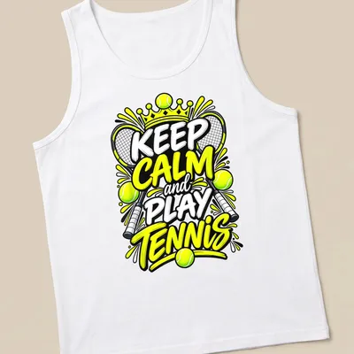 Bold graphic tee featuring the text Keep Calm and Play Tennis with rackets and balls — printed on a tank top