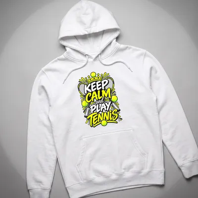 Bold graphic tee featuring the text Keep Calm and Play Tennis with rackets and balls — printed on a unisex hoodie