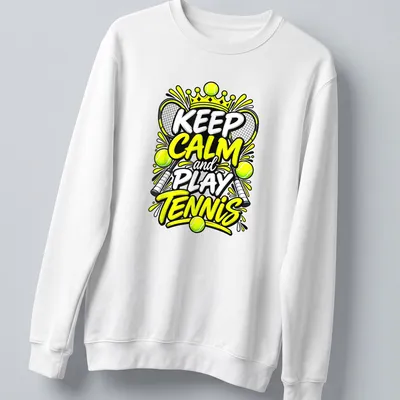 Bold graphic tee featuring the text Keep Calm and Play Tennis with rackets and balls — printed on a unisex sweatshirt