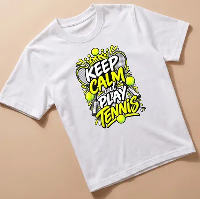 Bold graphic tee featuring the text Keep Calm and Play Tennis with rackets and balls