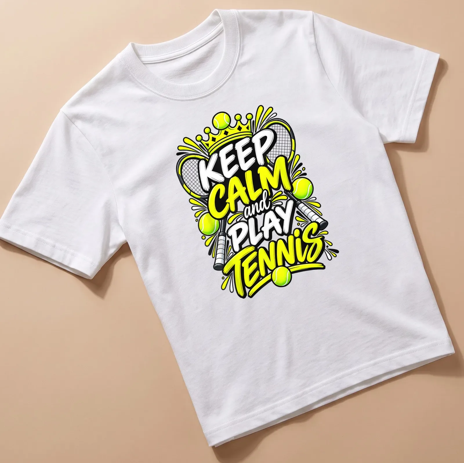 Bold graphic tee featuring the text Keep Calm and Play Tennis with rackets and balls — printed on a unisex t-shirt