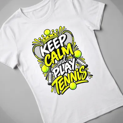 Bold graphic tee featuring the text Keep Calm and Play Tennis with rackets and balls — printed on a women's shirt
