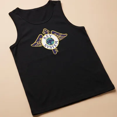 Bold graphic T-shirt featuring a winged key logo above a globe in vibrant colors — printed on a tank top