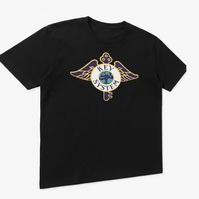 Bold graphic T-shirt featuring a winged key logo above a globe in vibrant colors — printed on a unisex t-shirt (angled view)