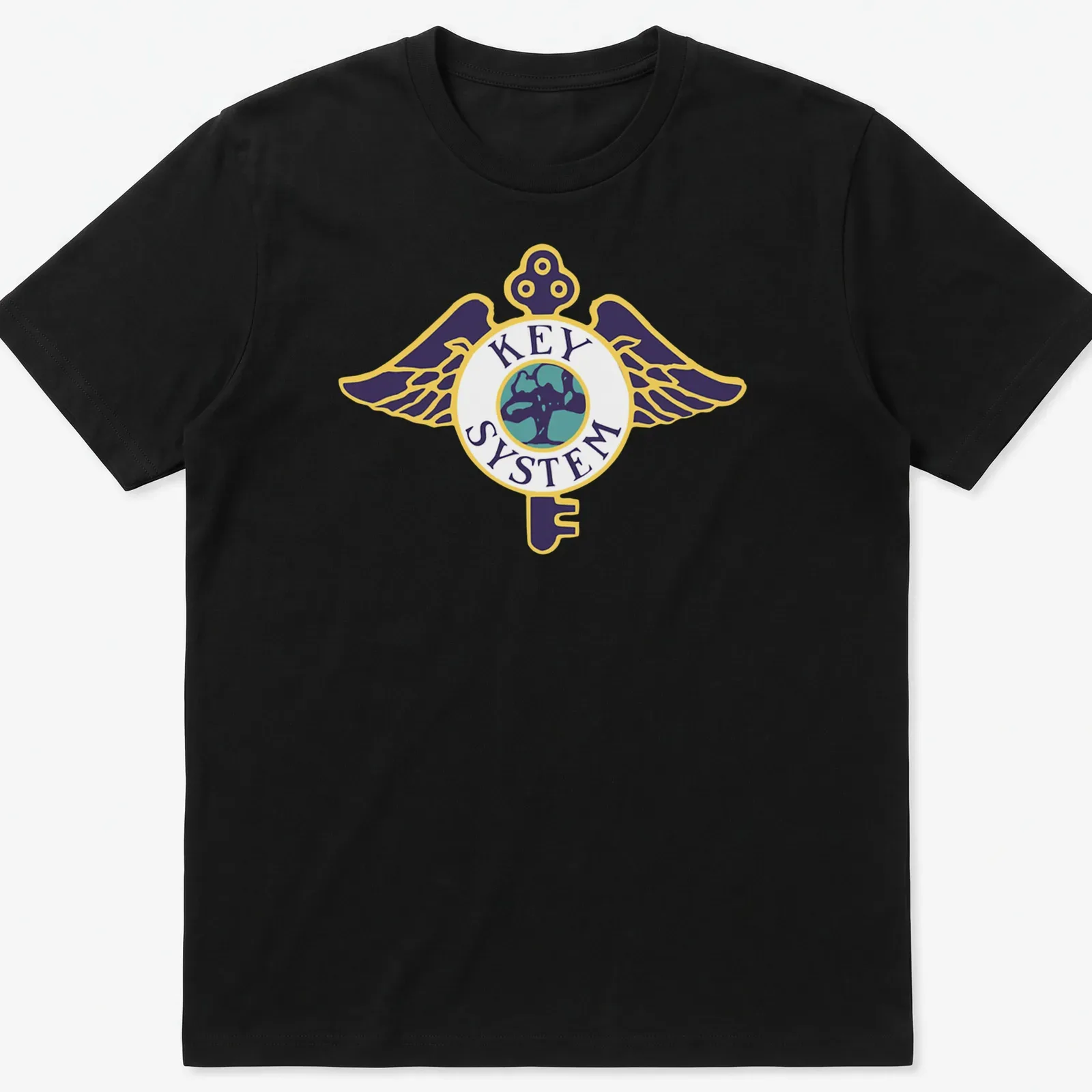 Bold graphic T-shirt featuring a winged key logo above a globe in vibrant colors — printed on a unisex t-shirt