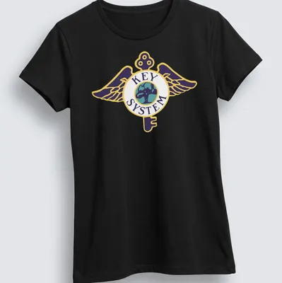 Bold graphic T-shirt featuring a winged key logo above a globe in vibrant colors — printed on a women's shirt