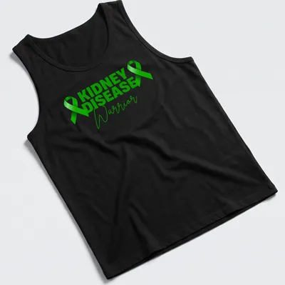 Bold modern design with the text 'KIDNEY DISEASE Warrior' and green awareness ribbons — printed on a tank top