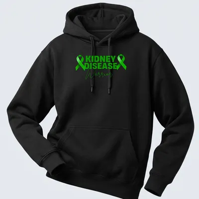Bold modern design with the text 'KIDNEY DISEASE Warrior' and green awareness ribbons — printed on a unisex hoodie