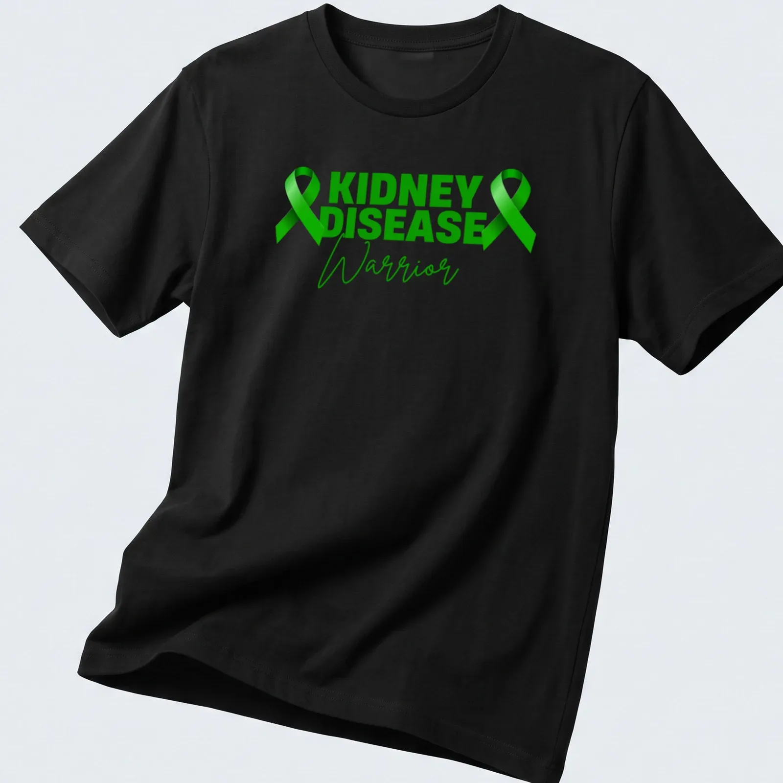 Bold modern design with the text 'KIDNEY DISEASE Warrior' and green awareness ribbons — printed on a unisex t-shirt