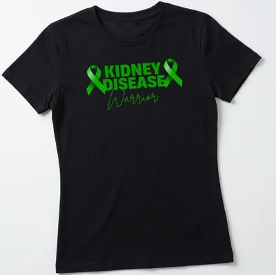 Bold modern design with the text 'KIDNEY DISEASE Warrior' and green awareness ribbons — printed on a women's shirt