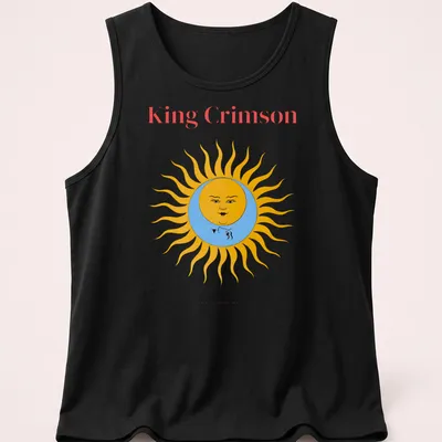 Colorful illustration of a sun with a face and text above it — printed on a tank top