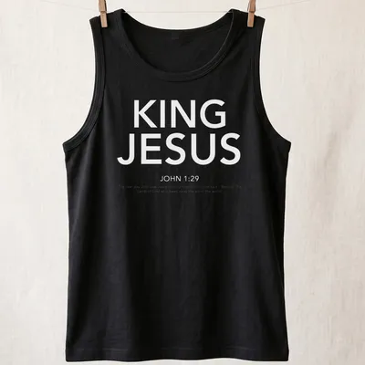 White text t-shirt featuring the words King Jesus John 129 in a bold design — printed on a tank top