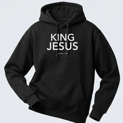 White text t-shirt featuring the words King Jesus John 129 in a bold design — printed on a unisex hoodie