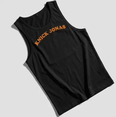 Bold typography of Knick Jonas printed in orange with a basketball pun — printed on a tank top