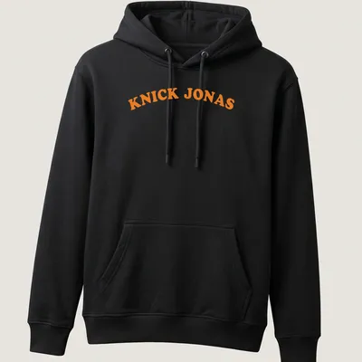 Bold typography of Knick Jonas printed in orange with a basketball pun — printed on a unisex hoodie