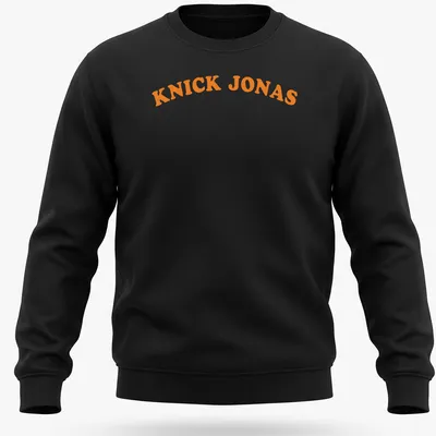 Bold typography of Knick Jonas printed in orange with a basketball pun — printed on a unisex sweatshirt