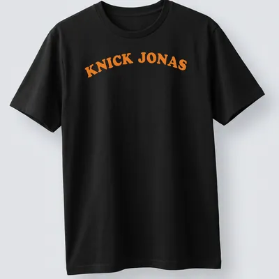 Bold typography of Knick Jonas printed in orange with a basketball pun