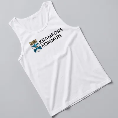 Kramfors Kommun logo t-shirt featuring a coat of arms design in blue, gold, and white — printed on a tank top