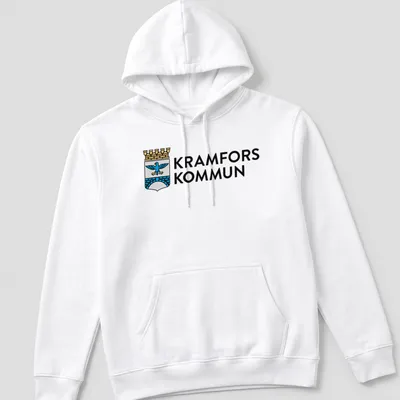 Kramfors Kommun logo t-shirt featuring a coat of arms design in blue, gold, and white — printed on a unisex hoodie