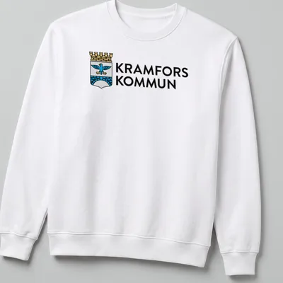 Kramfors Kommun logo t-shirt featuring a coat of arms design in blue, gold, and white — printed on a unisex sweatshirt