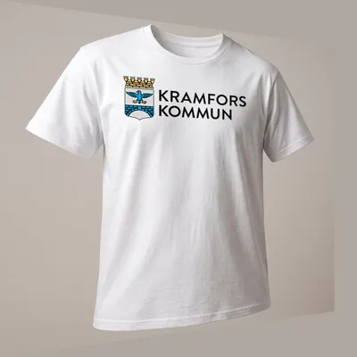 Kramfors Kommun logo t-shirt featuring a coat of arms design in blue, gold, and white — printed on a unisex t-shirt (angled view)