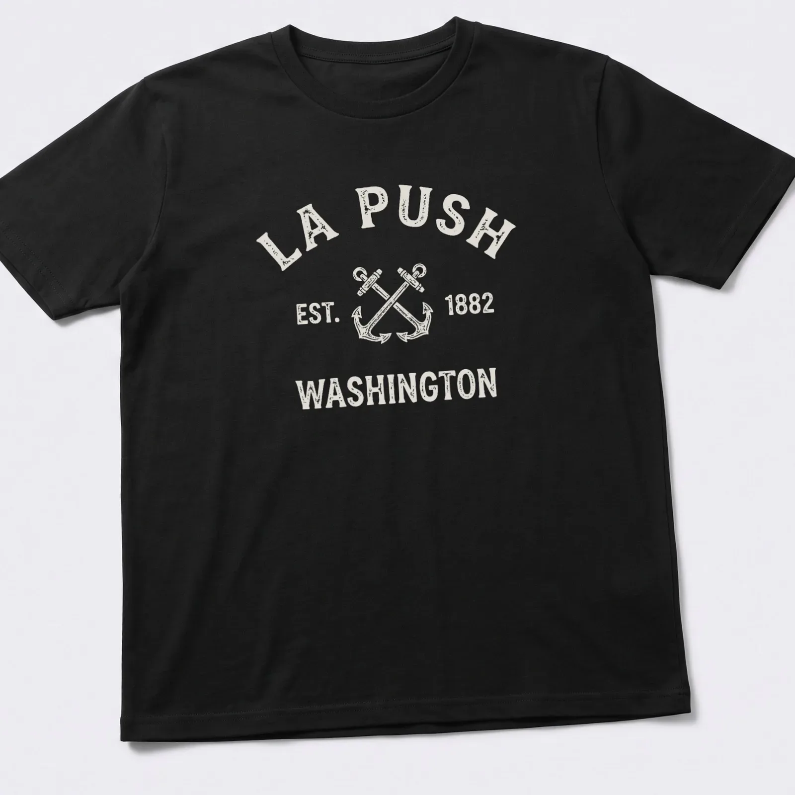 Vintage La Push anchor T-shirt with crossed boat anchors in white and light beige. — printed on a unisex t-shirt