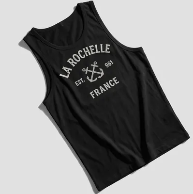 Vintage distressed T-shirt with crossed boat anchors and La Rochelle text — printed on a tank top