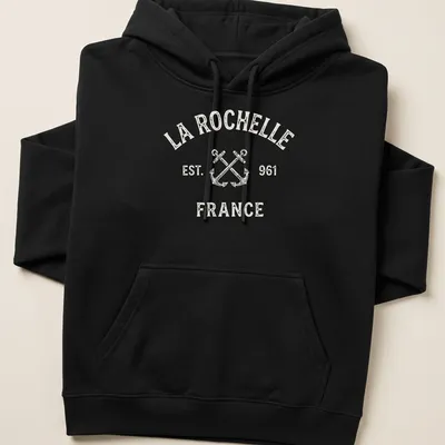 Vintage distressed T-shirt with crossed boat anchors and La Rochelle text — printed on a unisex hoodie