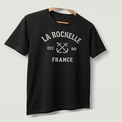 Vintage distressed T-shirt with crossed boat anchors and La Rochelle text — printed on a unisex t-shirt (angled view)
