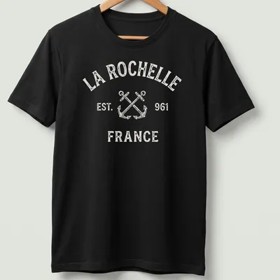 Vintage distressed T-shirt with crossed boat anchors and La Rochelle text — printed on a unisex t-shirt