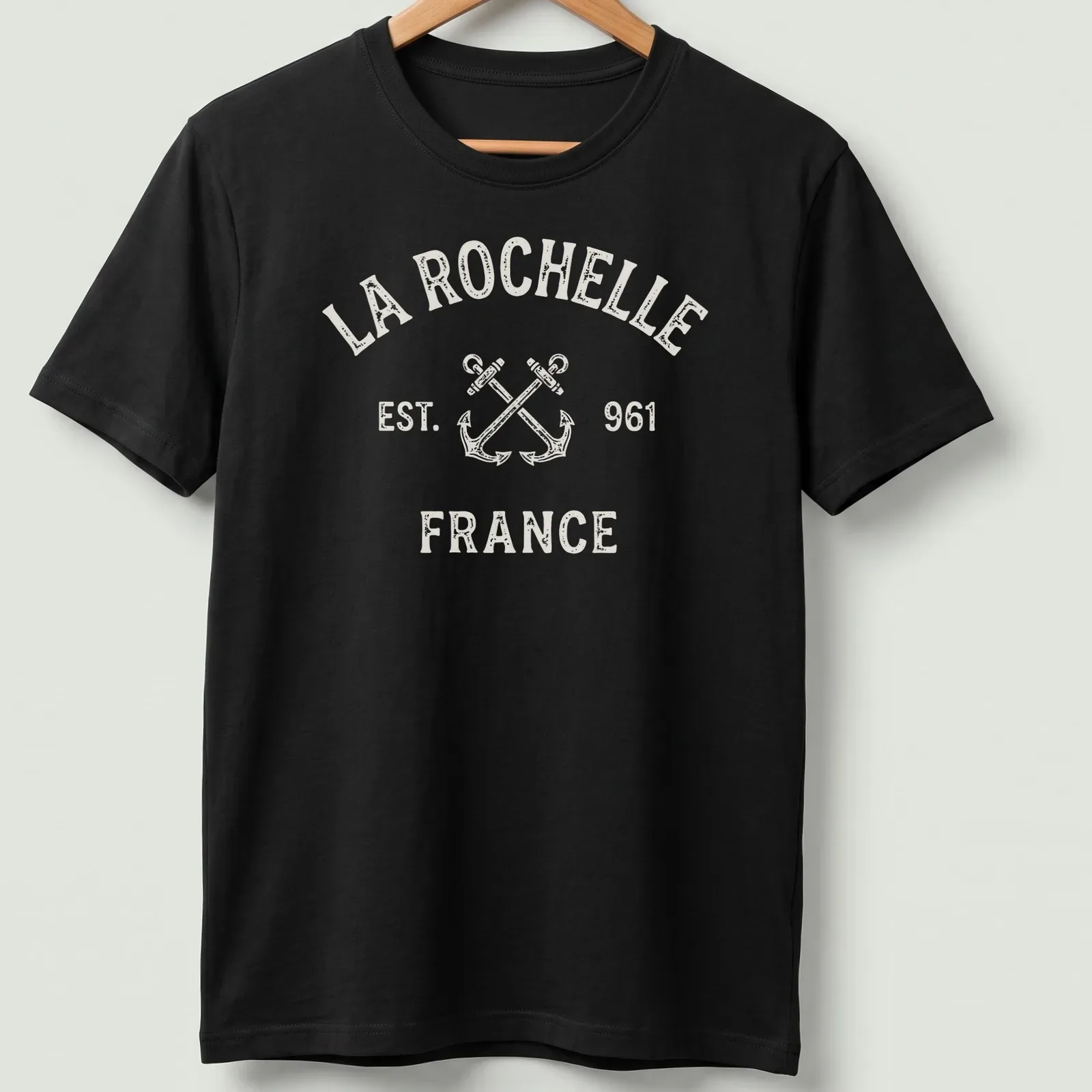 Vintage distressed T-shirt with crossed boat anchors and La Rochelle text — printed on a unisex t-shirt