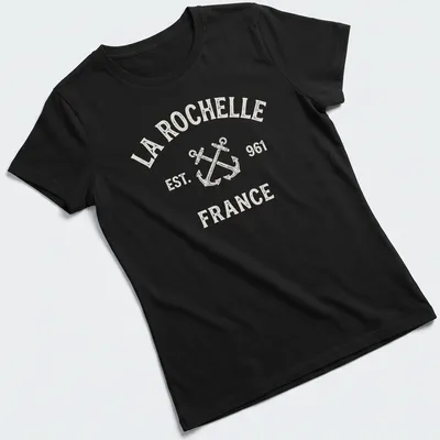 Vintage distressed T-shirt with crossed boat anchors and La Rochelle text — printed on a women's shirt