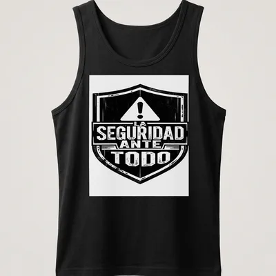 Vintage distressed t-shirt with a safety shield and text 'LA SEGURIDAD ANTE TODO' — printed on a tank top
