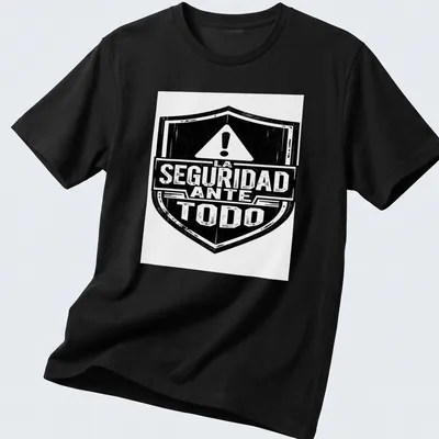 Vintage distressed t-shirt with a safety shield and text 'LA SEGURIDAD ANTE TODO'
