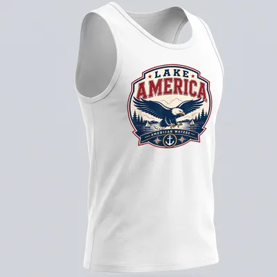 Vintage badge eagle design with Lake America text in navy, red, and cream — printed on a tank top