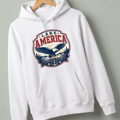 Vintage badge eagle design with Lake America text in navy, red, and cream — printed on a unisex hoodie