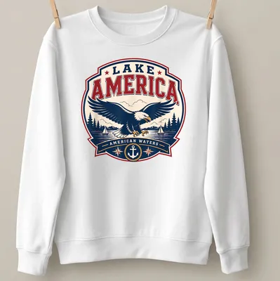 Vintage badge eagle design with Lake America text in navy, red, and cream — printed on a unisex sweatshirt