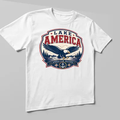 Vintage badge eagle design with Lake America text in navy, red, and cream — printed on a unisex t-shirt (angled view)