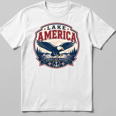 Vintage badge eagle design with Lake America text in navy, red, and cream