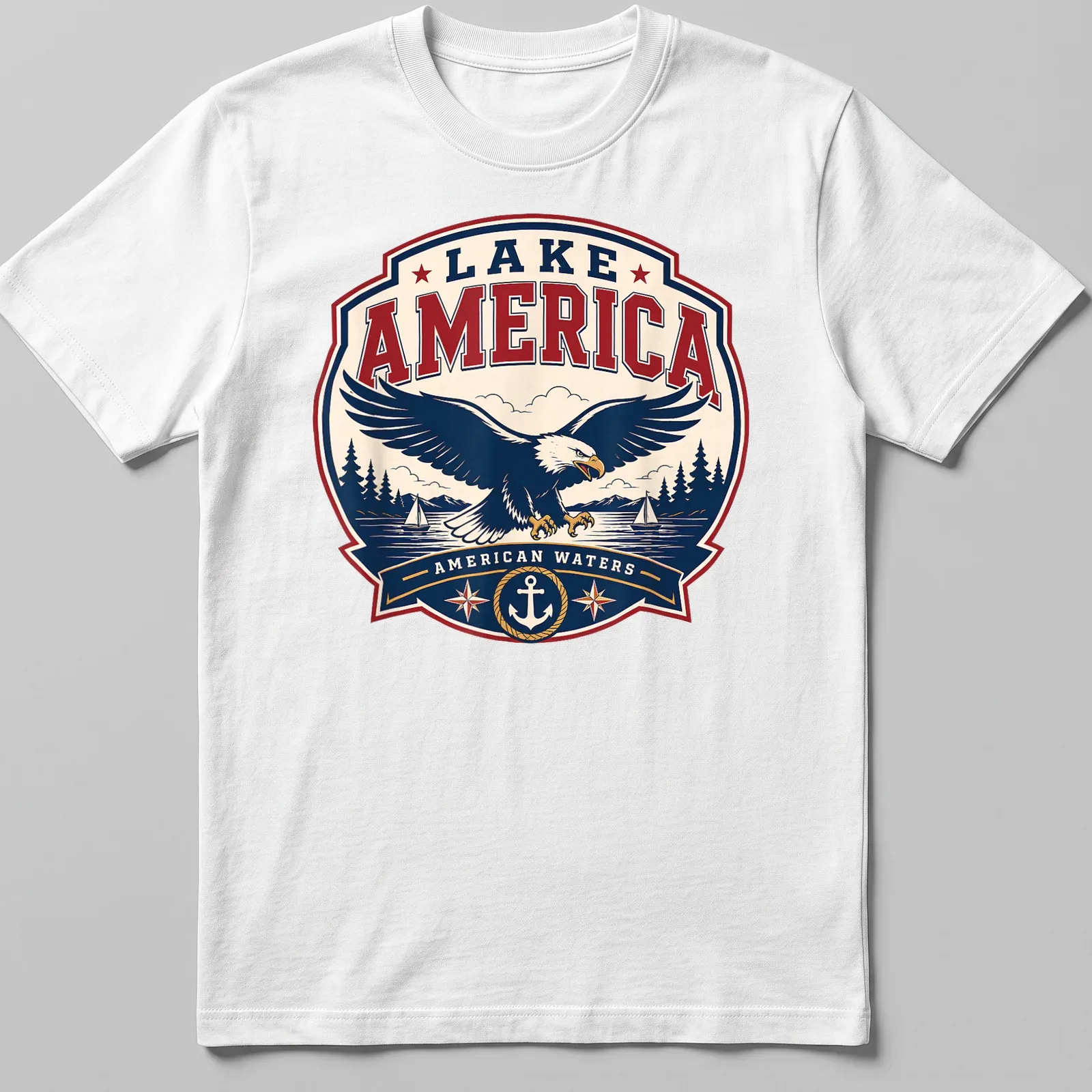 Vintage badge eagle design with Lake America text in navy, red, and cream — printed on a unisex t-shirt
