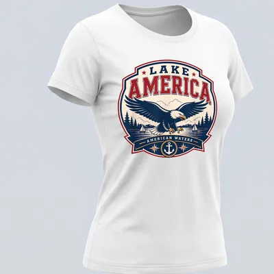 Vintage badge eagle design with Lake America text in navy, red, and cream — printed on a women's shirt