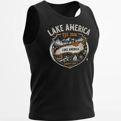 Vintage badge design featuring a lake map, mountains, and trees in black, orange, white, and gray. — printed on a tank top