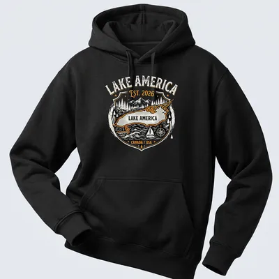 Vintage badge design featuring a lake map, mountains, and trees in black, orange, white, and gray. — printed on a unisex hoodie