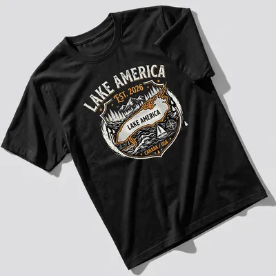 Vintage badge design featuring a lake map, mountains, and trees in black, orange, white, and gray.