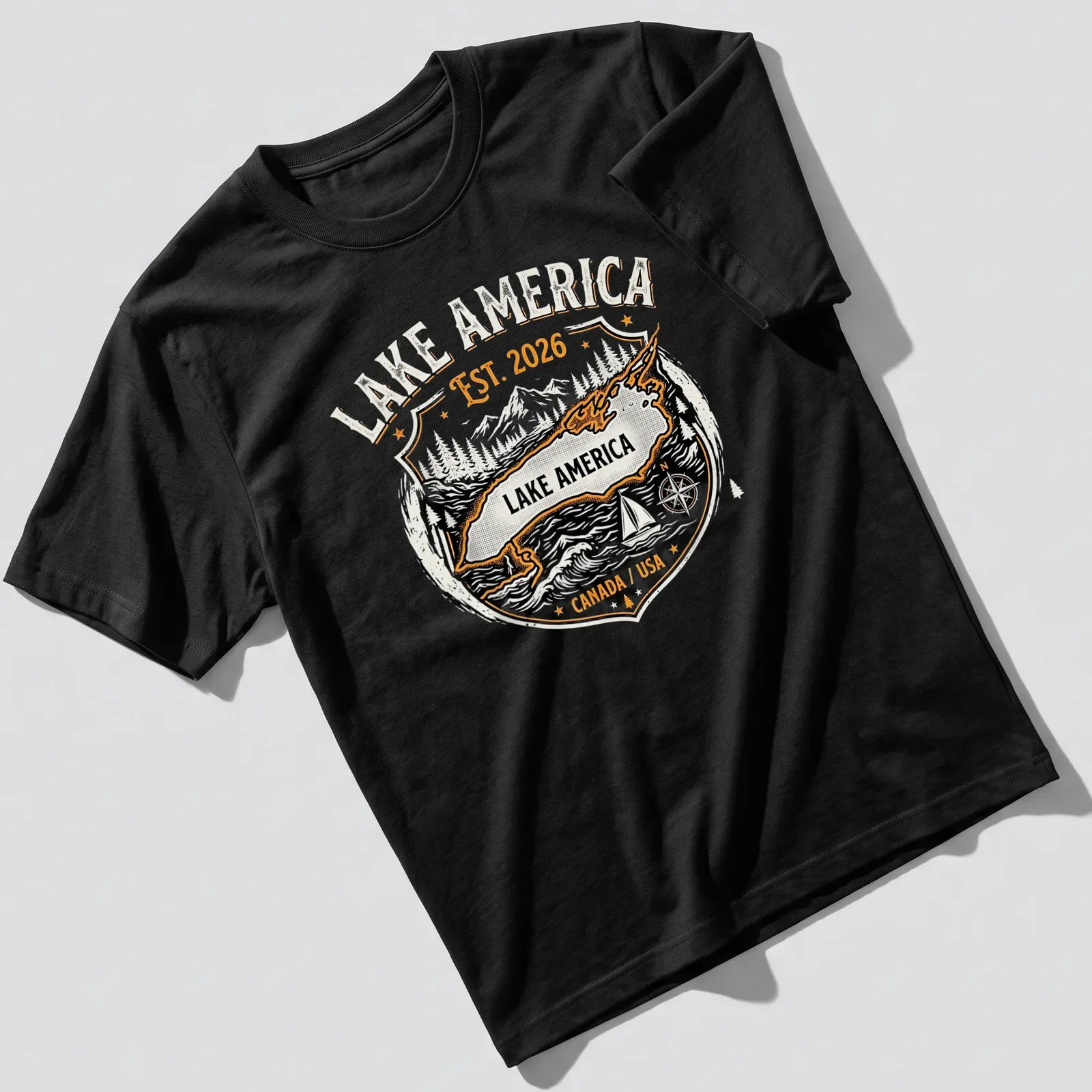 Vintage badge design featuring a lake map, mountains, and trees in black, orange, white, and gray. — printed on a unisex t-shirt